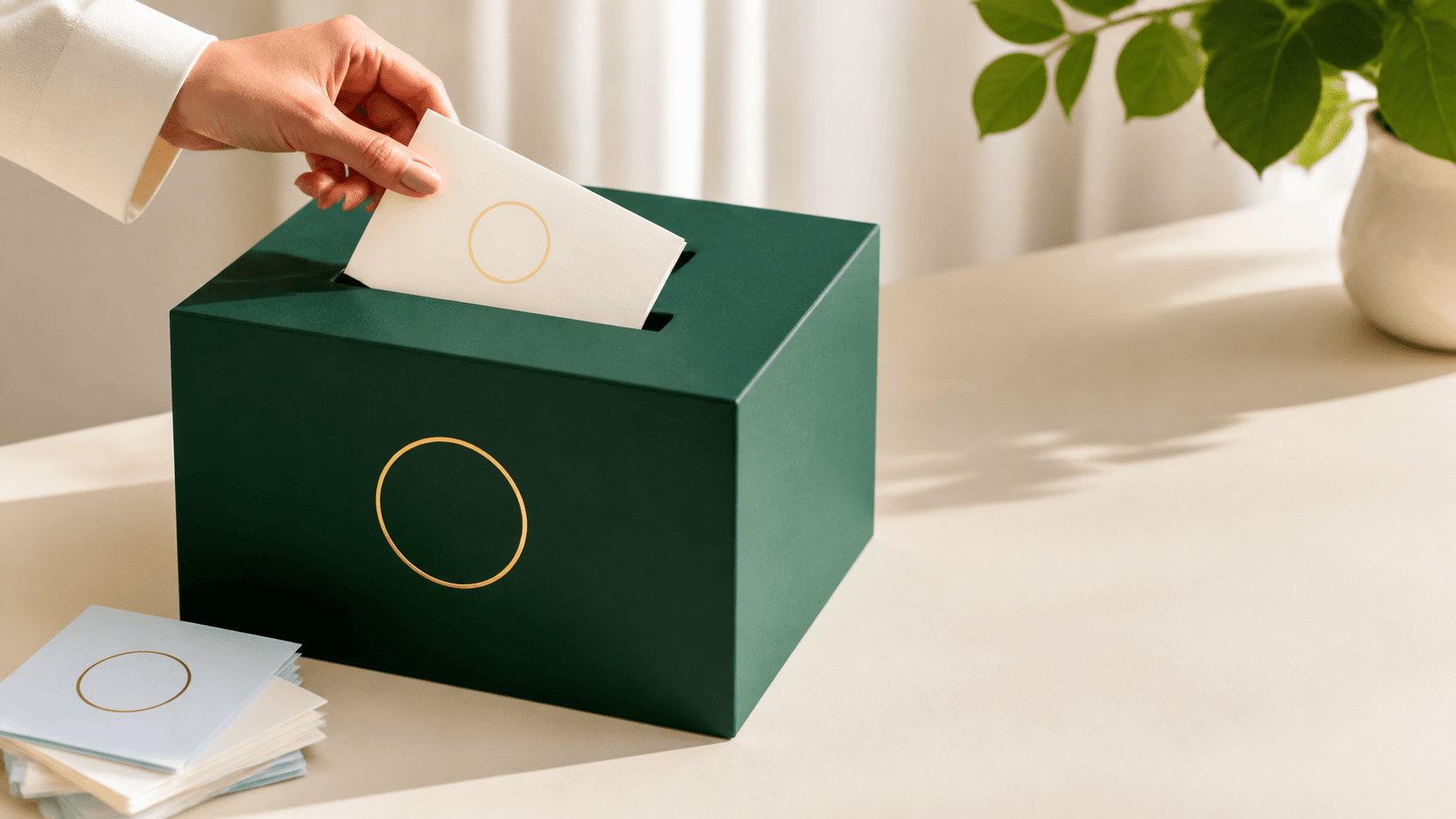 A hand placing a ballot into a dark green voting box