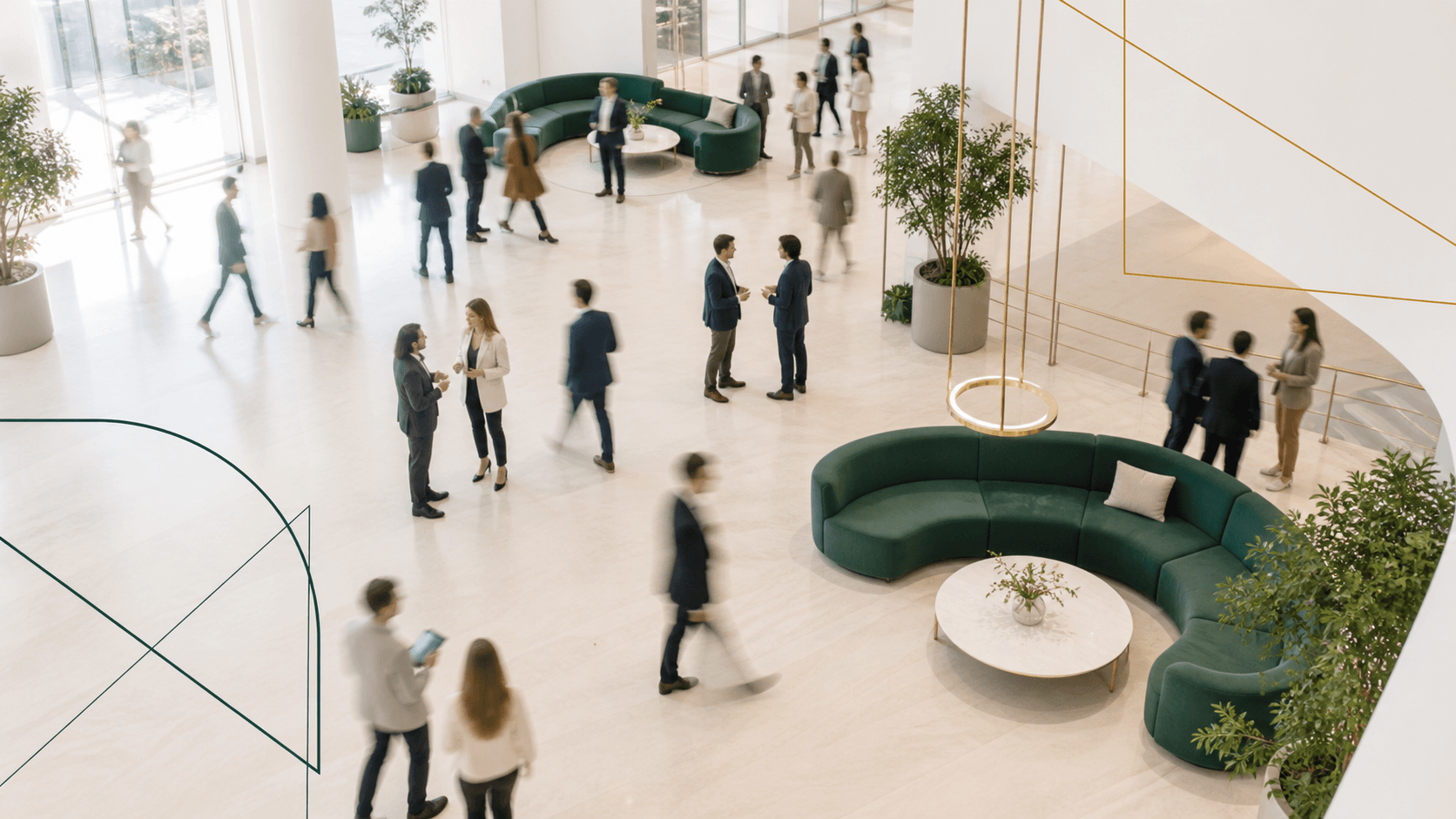 Delegates networking in a bright modern conference foyer
