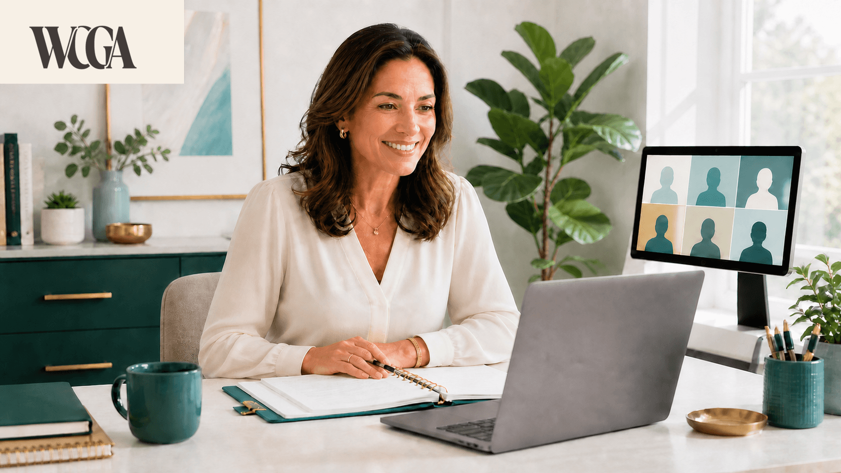 A relaxed webinar host laughing at her laptop, with the WCGA logo