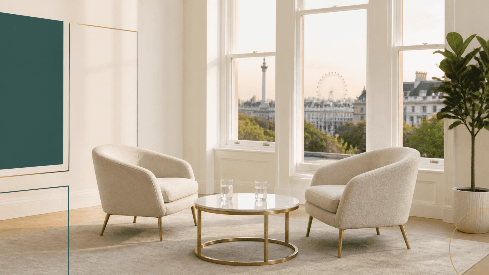 Two cream armchairs and glasses of water prepared for an evening fireside conversation
