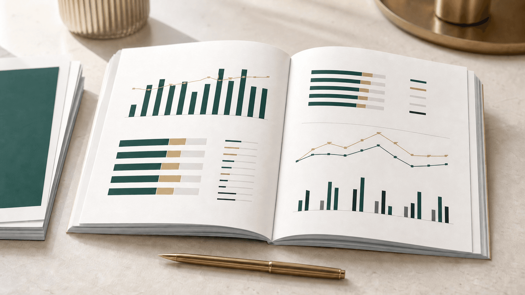 An open benchmark report showing green and gold bar and line charts on a cream desk